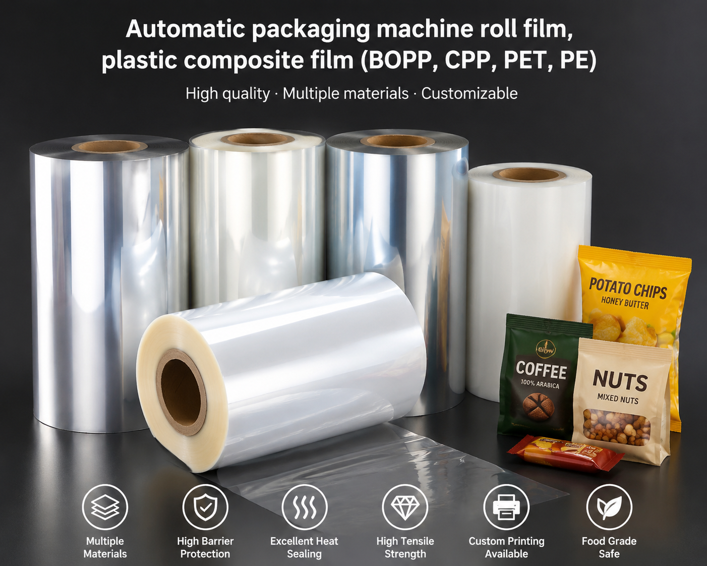 Automatic packaging machine roll film, plastic composite film (BOPP, CPP, PET, PE)